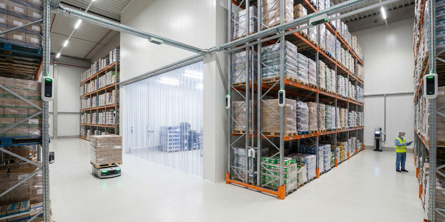Innenansicht einer modernen, reinen Lebensmittel-Logistikhalle mit Hochregalen, Temperaturzonen und sichtbaren IoT-Sensoren zur lückenlosen Überwachung.